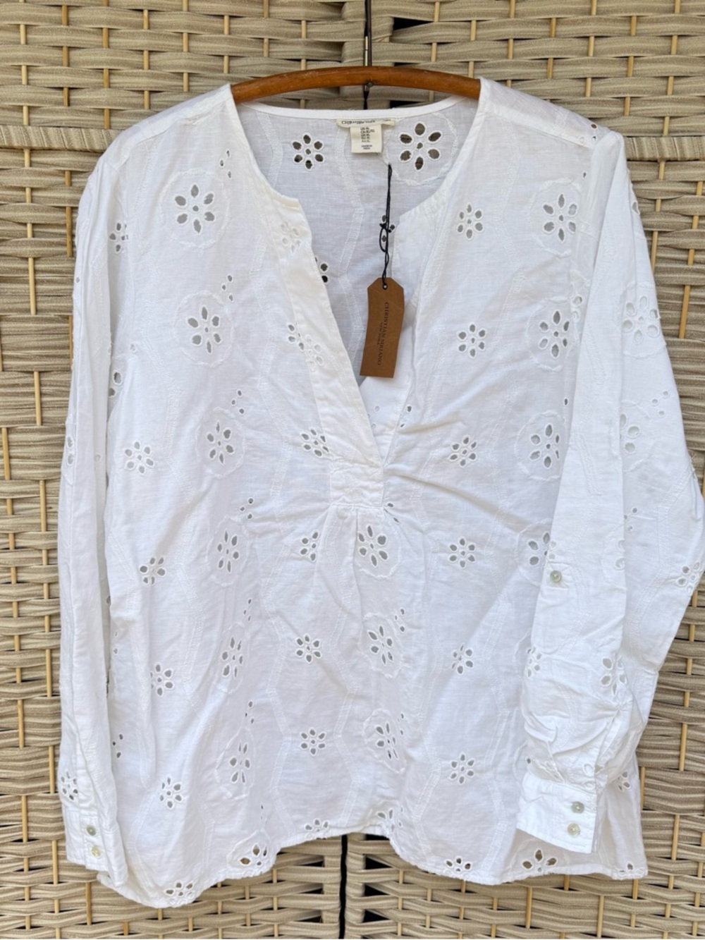 NWT CHRISTIAN SIRIANO Linen blend White Eyelet Tunic Top Size XL Coastal Beach - Picture 5 of 10